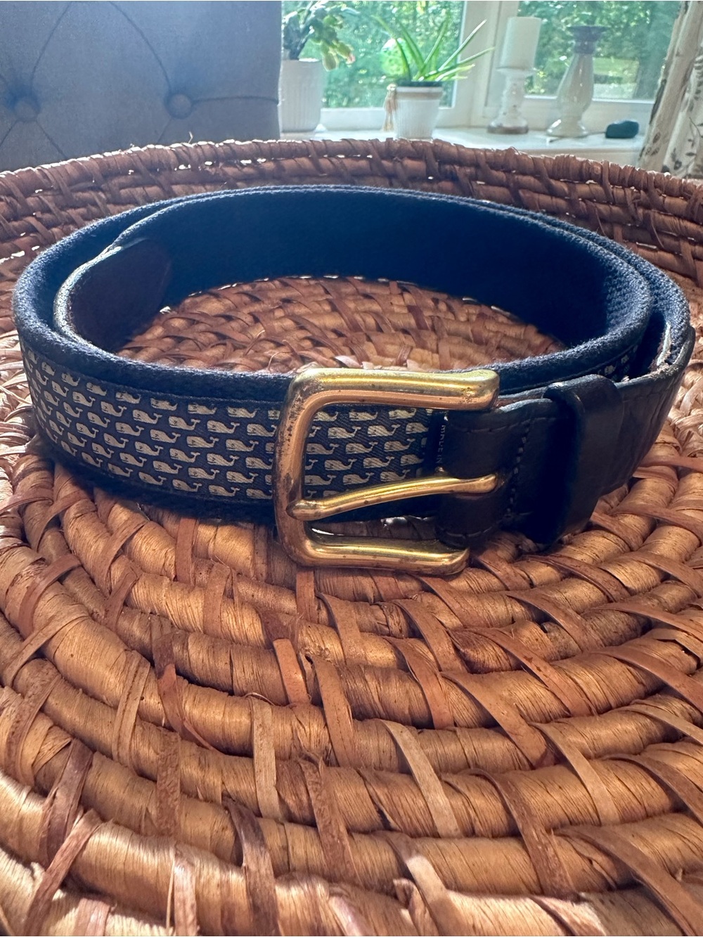 Vineyard Vines Navy Whale Jacquard Leather Belt with Brass Buckle